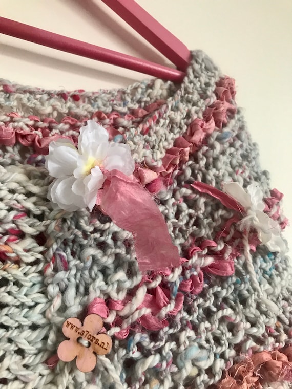 Hand spun art yarn and recycled sari silk ribbon knitted collar scarf. With lovely romantic silk flowers. In pink and light grey.