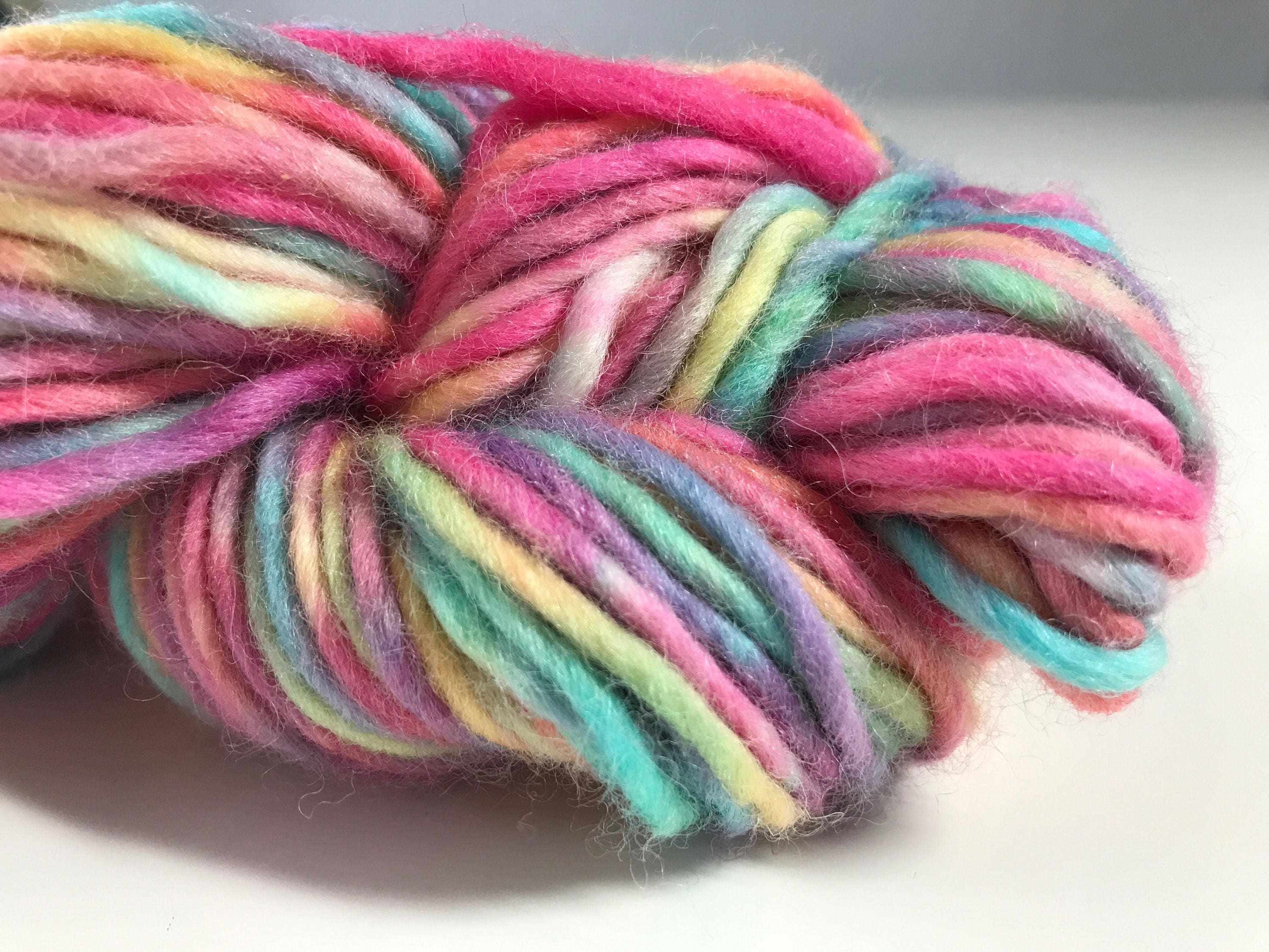 Hand dyed bulky one ply yarn self striping rainbow