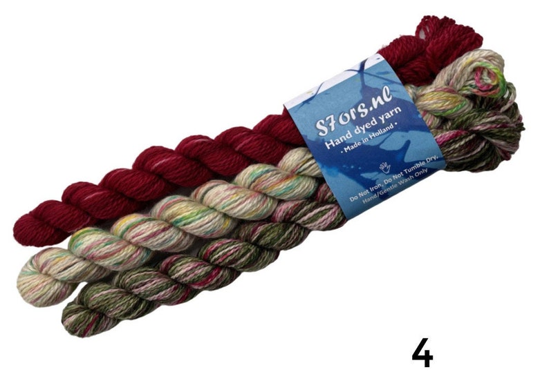 Handgeverfde Super Wash Merino mini-strengenset. Drie strengen van 20 gram per set. afbeelding 5