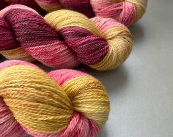 Hand dyed super wash Merino and bamboo sock weight yarn ‘Plum harvest’.