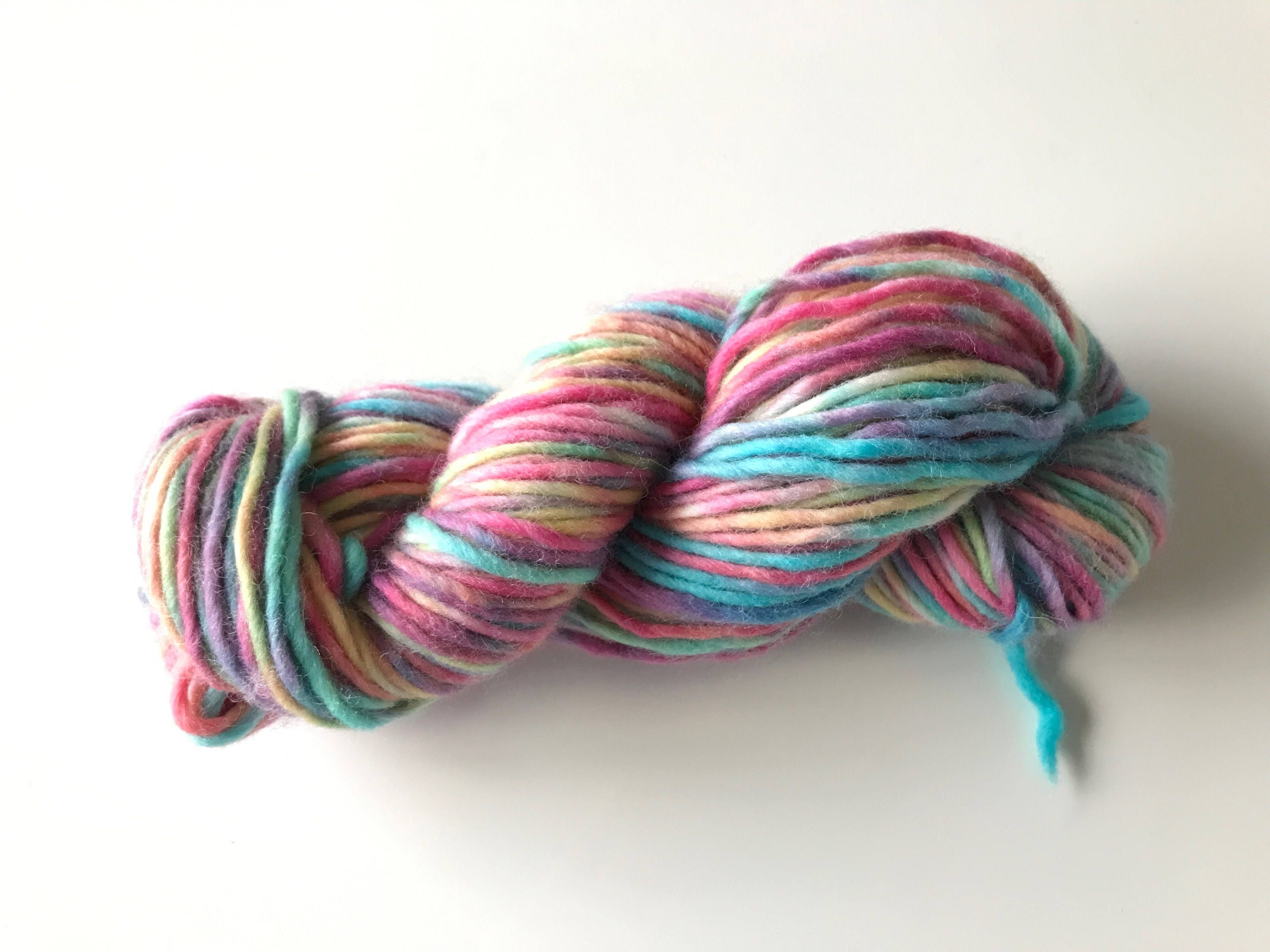 Hand dyed bulky one ply yarn self striping rainbow