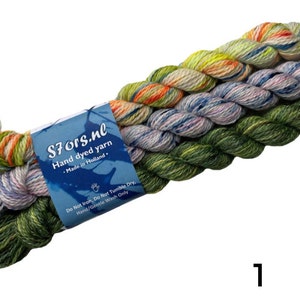 Handgeverfde Super Wash Merino mini-strengenset. Drie strengen van 20 gram per set. afbeelding 2