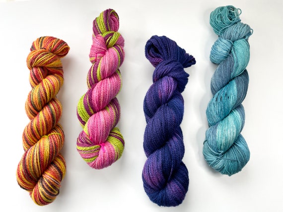 Hand dyed sock weight yarn. ‘The experiments’ unique skeins. For one of a kind projects.