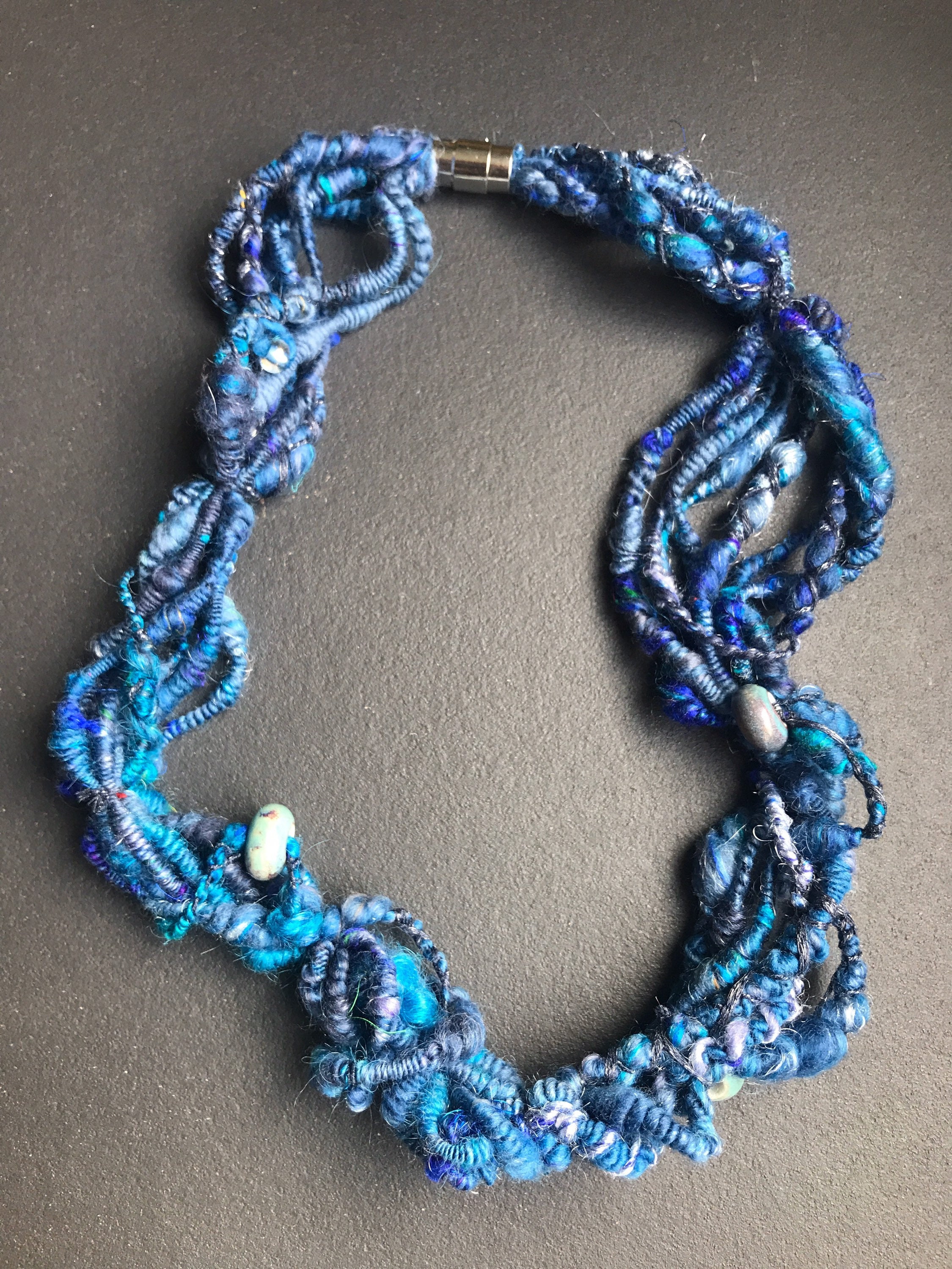 Beaded art yarn necklace. Handspun out of merino wool, silk, tencel
