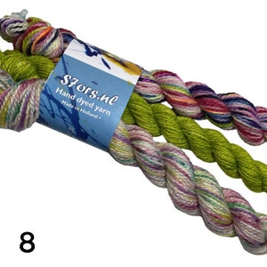 Handgeverfde Super Wash Merino mini-strengenset. Drie strengen van 20 gram per set. afbeelding 9