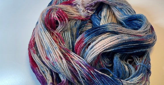 Hand dyed super wash Merino and bamboo sock yarn 'Blue, purple and white'