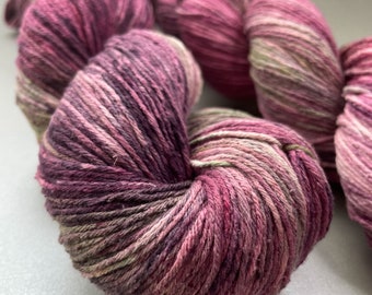 Hand dyed ‘Aubergine salad’ Mulberry silk crochet yarn. This 'tweed effect' 100% silk yarn is unlike any other.