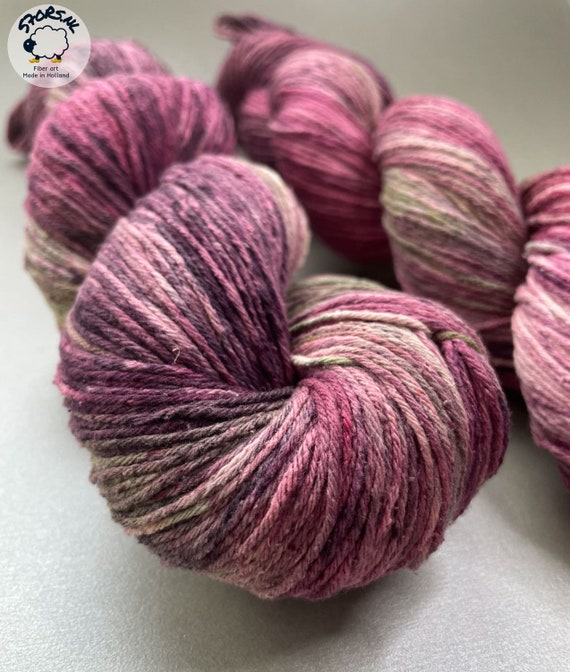 Hand dyed ‘Aubergine salad’ Mulberry silk crochet yarn. This 'tweed effect' 100% silk yarn is unlike any other.