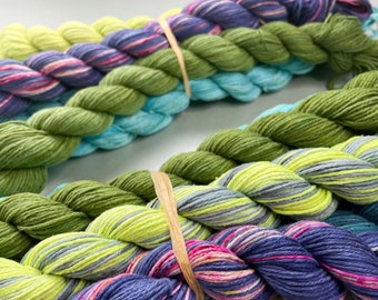 Hand dyed Mulberry silk crochet yarn. Mini skein set. This 'tweed effect' 100% silk yarn is unlike any other. Contains six mini skeins.