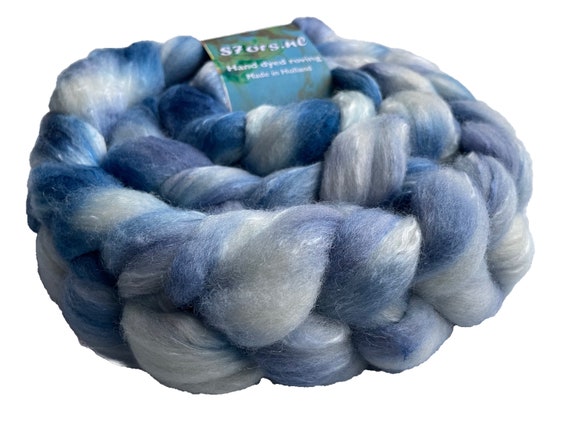 Hand dyed German Merino and Mulberry silk top. ‘Delft blue’. Ideal for spinning or felting.