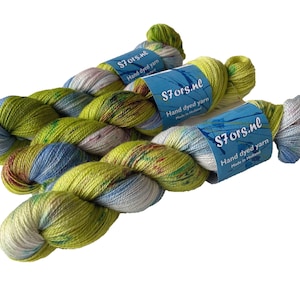 Hand Dyed Superwash Merino And Bamboo Lace Yarn. Pooling Sky Blue And Spring Green With Fluorescent Speckles. ‘springtime’