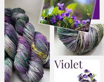 Hand dyed ‘Violet’ Mulberry silk crochet yarn. This 'tweed effect' 100% silk yarn is unlike any other.