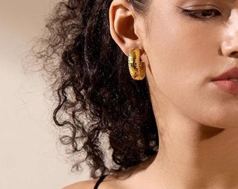 Rust-Proof Steel Chunky Huggie Earrings: Sleek C-Shape Design, gold hoops, earrings minimalistic ,  Perfect Gift for Her