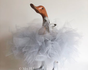 Grey Tutu Duck - silver grey tutu with silver boots. Decorated Wooden Duck in Boots by Mrs H the Duck Lady