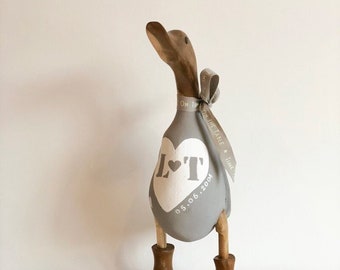 Anniversary or Occasion Wooden Duck, Personalised Decorated Wooden Duck in Boots by Mrs H the Duck Lady