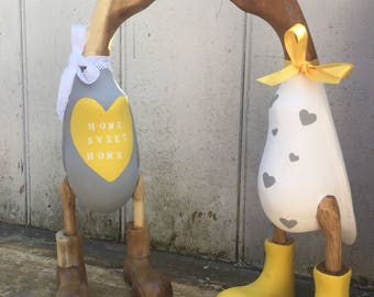 Home sweet home wooden ducks in boots set, grey and yellow home decor. Bamboo wooden ducks in boots, home, gifts, personalised.