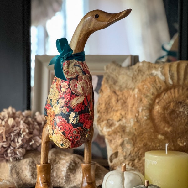 Tula the floral duck, rich and opulent with gold leaf Decorated Wooden Duck in Boots by Mrs H the Duck Lady