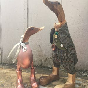 Grandpapa & Betsy wooden duck set. Bamboo ducks in boots, grandpa and granddaughter set, dressed and painted, wooden gift.