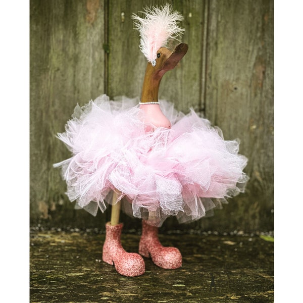 Alice - The Pink Tutu and Glitter Decorated Wooden Duck in Boots by Mrs H the Duck Lady