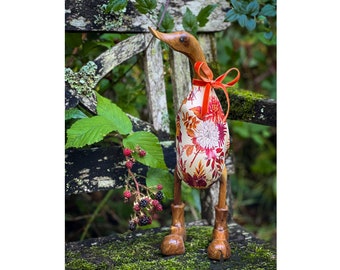 Audrey The Autumnal Dahlia Duck - Decorated Wooden Duck in Boots by Mrs H the Duck Lady - Mothers Day, spring, summer, wooden gift