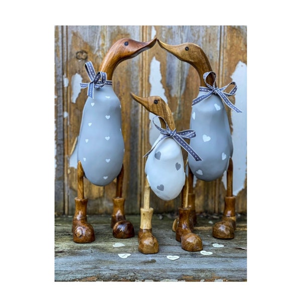 Family of Three Wooden Ducks & Duckling - Personalised Wooden Ducks in Boots Hand Painted by Mrs H The Duck Lady