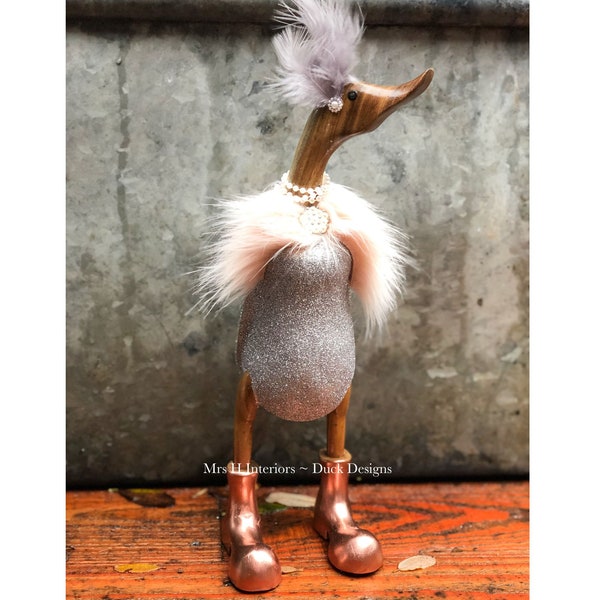 Cerys The Glittered Caped Duck - Decorated Wooden Duck in Boots by Mrs H the Duck Lady