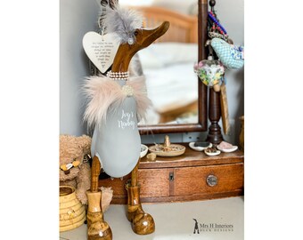 Caped Lady in Grey - Personalised Decorated Wooden Duck in Boots by Mrs H the Duck Lady