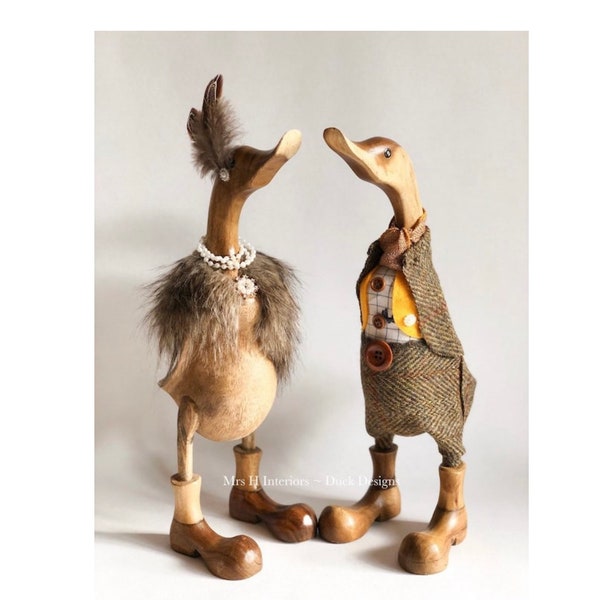 Country pair. Beautiful pair of wooden ducks, using tweed and faux fur to dress. Anniversary, weddings, birthday gifts.