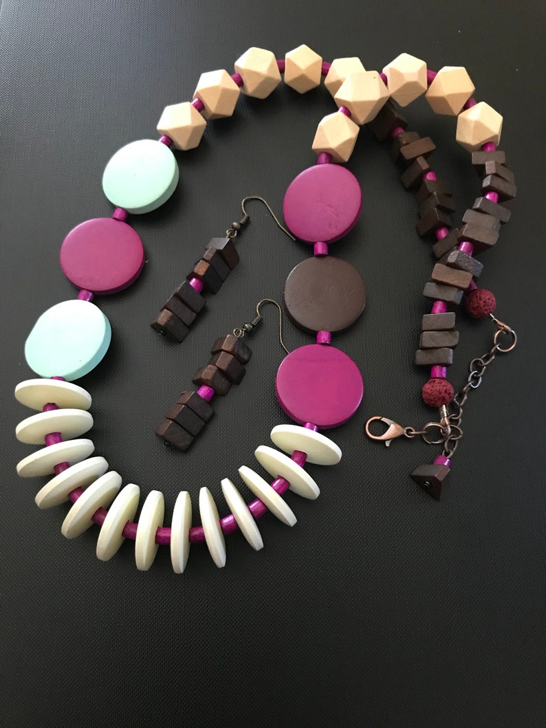 Wood Necklace Boho Necklace Natural Necklace Beige Necklace Purple Necklace Mint Necklace Eco Necklace Hippie Necklace Gypsy Necklace