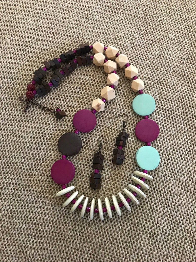 Wood Necklace Boho Necklace Natural Necklace Beige Necklace Purple Necklace Mint Necklace Eco Necklace Hippie Necklace Gypsy Necklace