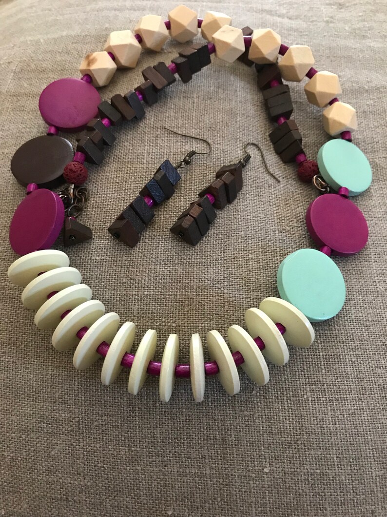 Wood Necklace Boho Necklace Natural Necklace Beige Necklace Purple Necklace Mint Necklace Eco Necklace Hippie Necklace Gypsy Necklace