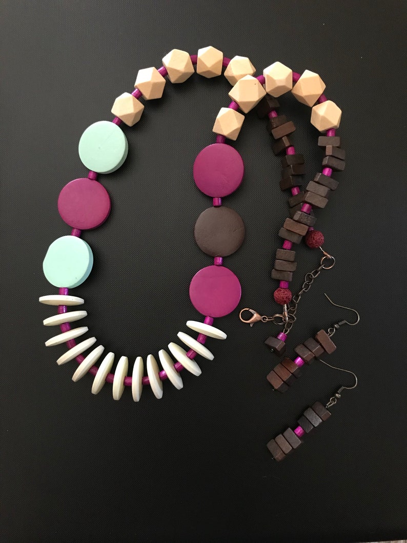 Wood Necklace Boho Necklace Natural Necklace Beige Necklace Purple Necklace Mint Necklace Eco Necklace Hippie Necklace Gypsy Necklace
