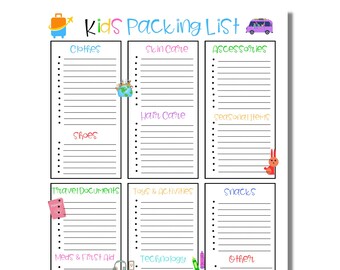 Lista di cose da mettere in valigia per bambini stampabile, lista di controllo per il viaggio (download digitale)