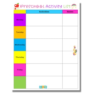Preschool Schedule, Preschool Activity Log, Kids Daily Routine