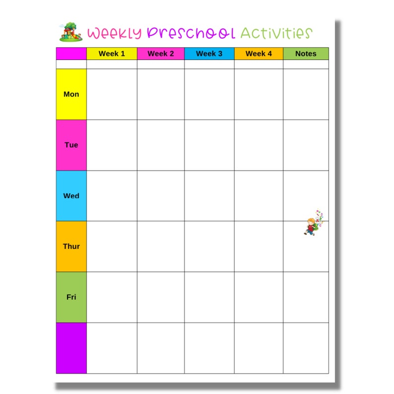 May include: A colorful weekly preschool activities chart with a grid layout. The chart features the days of the week and spaces for activities. The title "Weekly Preschool Activities" is displayed at the top. Includes a small illustration of a child.