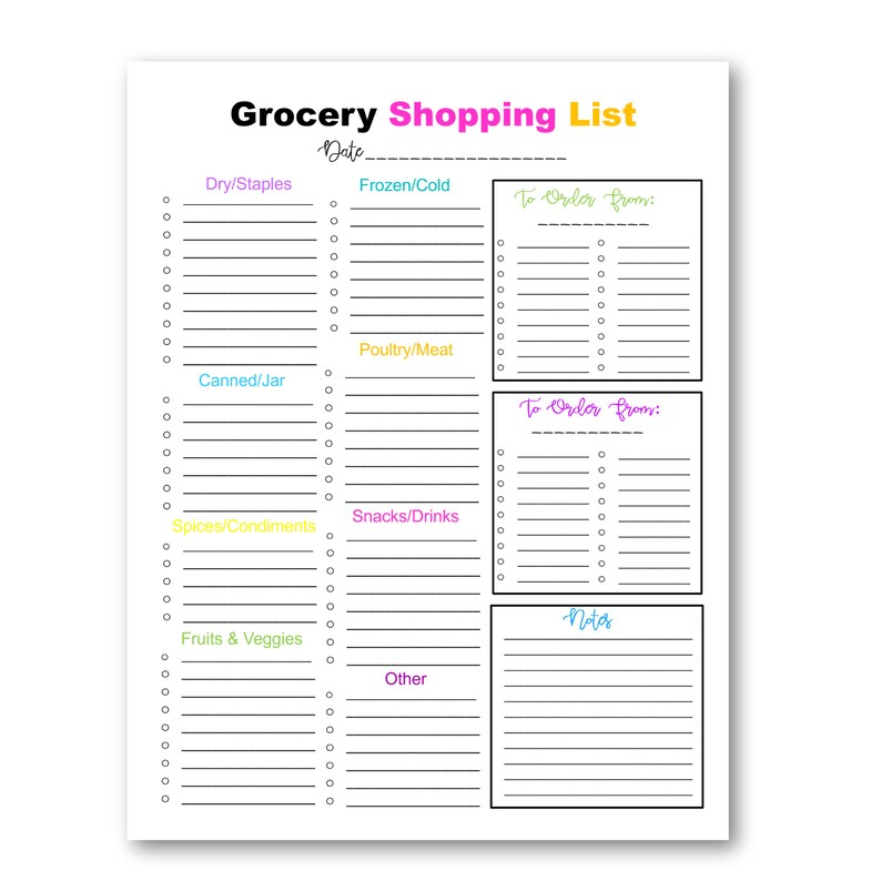 Grocery Shopping List, Colorcoded Grocery List, Grocery Order List