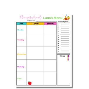 Puede incluir: Un planificador de men&uacute; de almuerzo blanco con las palabras "Homeschool Lunch Menu" en rosa y verde. El planificador tiene secciones para cada d&iacute;a de la semana, una lista de compras y una secci&oacute;n de notas. Una manzana roja est&aacute; en la parte inferior.