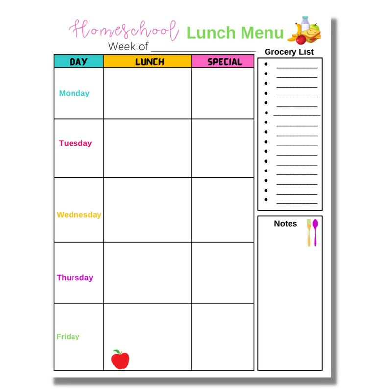 Puede incluir: Un planificador de men&uacute; de almuerzo blanco con las palabras "Homeschool Lunch Menu" en escritura rosa. El planificador tiene secciones para cada d&iacute;a de la semana, una lista de compras y notas. Un gr&aacute;fico de manzana roja est&aacute; en la parte inferior.