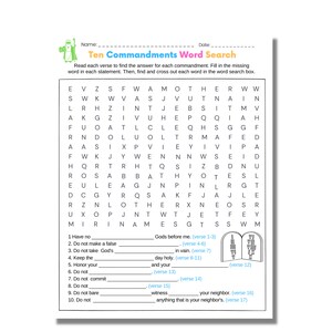 May include: A printable worksheet with a word search puzzle featuring the Ten Commandments. The puzzle is designed for children to learn about the Ten Commandments. The worksheet includes a list of the Ten Commandments with corresponding Bible verses.