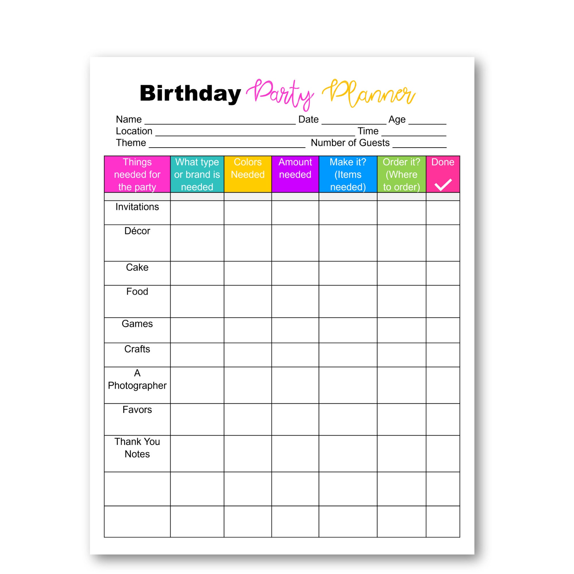 Birthday Party Planner Printable, Event Planning Checklist (digital ...