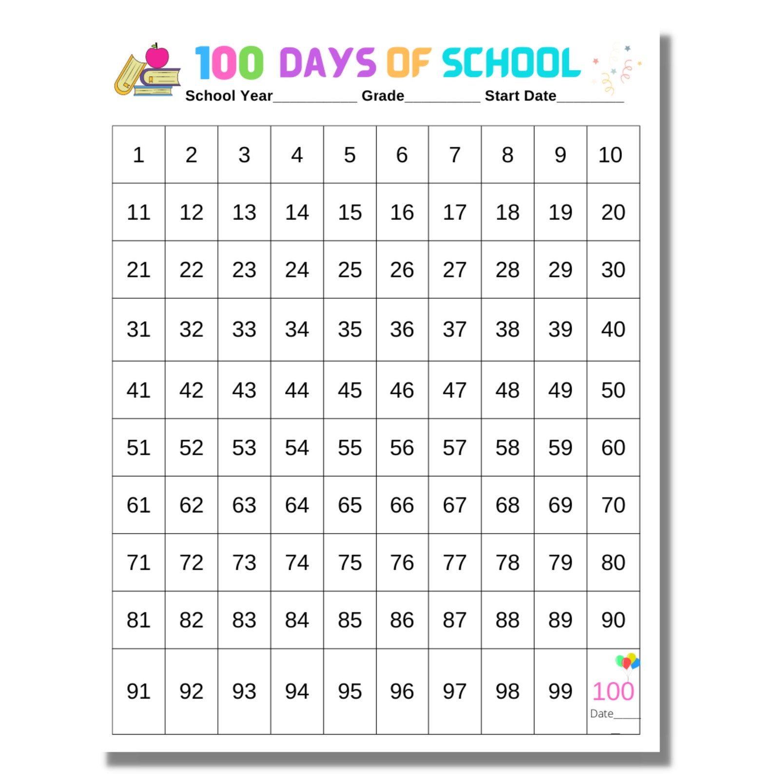 100 Days of School Countdown, Classroom Charts, 100 Days of School Log
