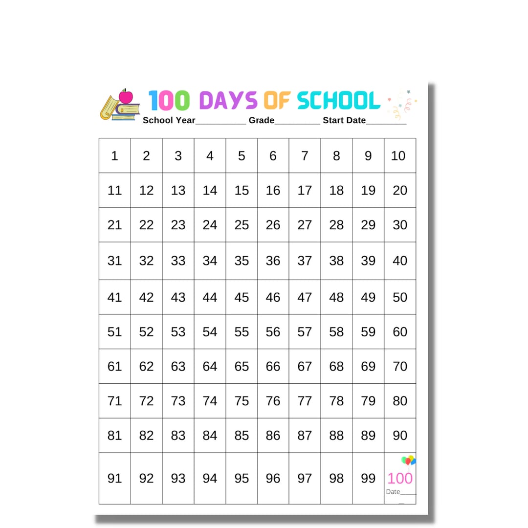 100 Days of School Countdown, Classroom Charts, 100 Days of School Log, Calendar, Homeschool