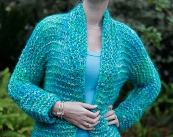 Women's Knitted Jacket Cardigan Mohair Handmade Size AUS8 /XS, Blue Green
