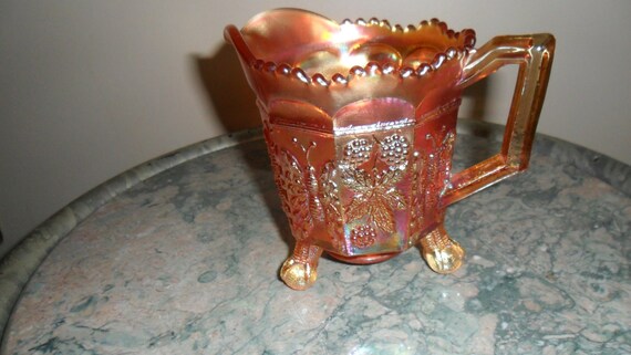 Antique Carnival Glass Vintage Fenton Pumpkin Marigold Butterfly And Berry Creamer Iridescent Glass Collectible Art Glass 412 Antique Carnival Glass Vintage Fenton Pumpkin Marigold Butterfly And Berry Creamer Iridescent Glass Collectible Art Glass 412
