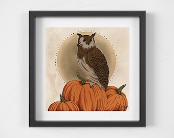 Owl October Illustration 8x8 Art Print