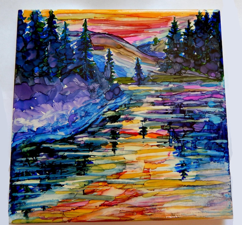 Mountain Painting, Alcohol Ink Landscape Painting, Ceramic Tile, Etsy