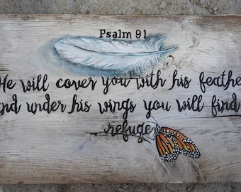 psalm 91 wood sign, scripture sign, monarch butterfly painting
