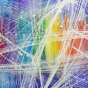 May include: Abstract painting with a rainbow background and white lines. The lines are thick and create a web-like pattern.