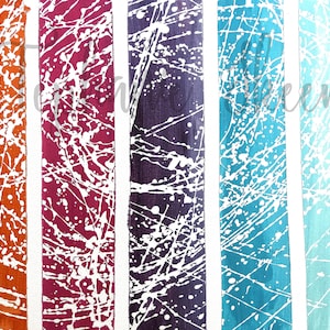 May include: Abstract art painting with vertical stripes of yellow, orange, red, purple, blue and turquoise. White paint splatters are layered over the colored stripes.