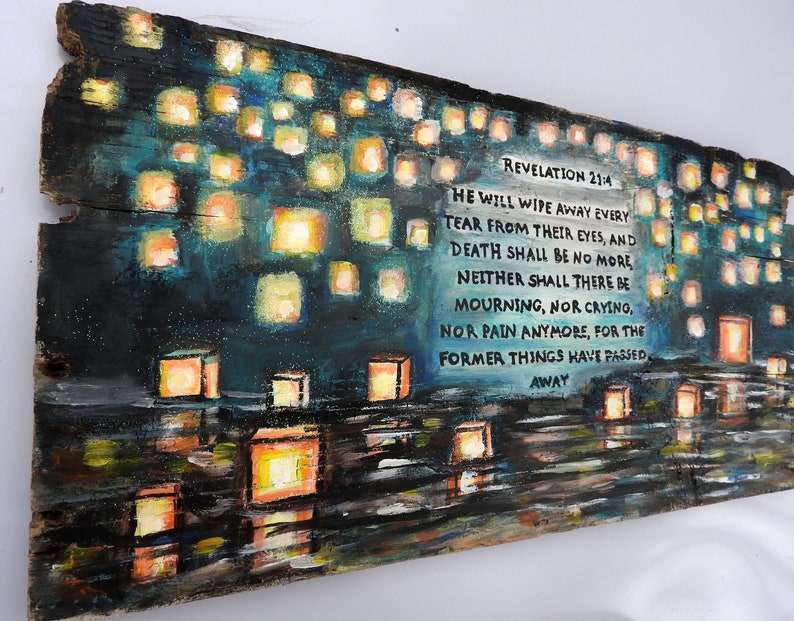 Japanese Lanterns on Water Painting Rev 21 He Will Wipe Away Every Tear